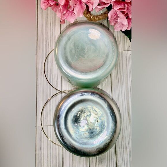 2 Metallic Sage Green Glass Candle Holders With Gold Tone Handle - Picture 3 of 7